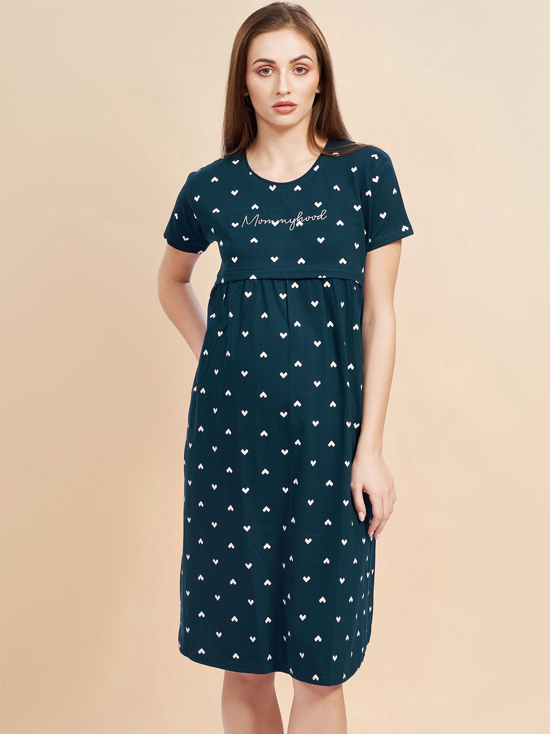 

PASTEL CLIP Heart Printed Pure Cotton Maternity T-Shirt Nightdress, Blue