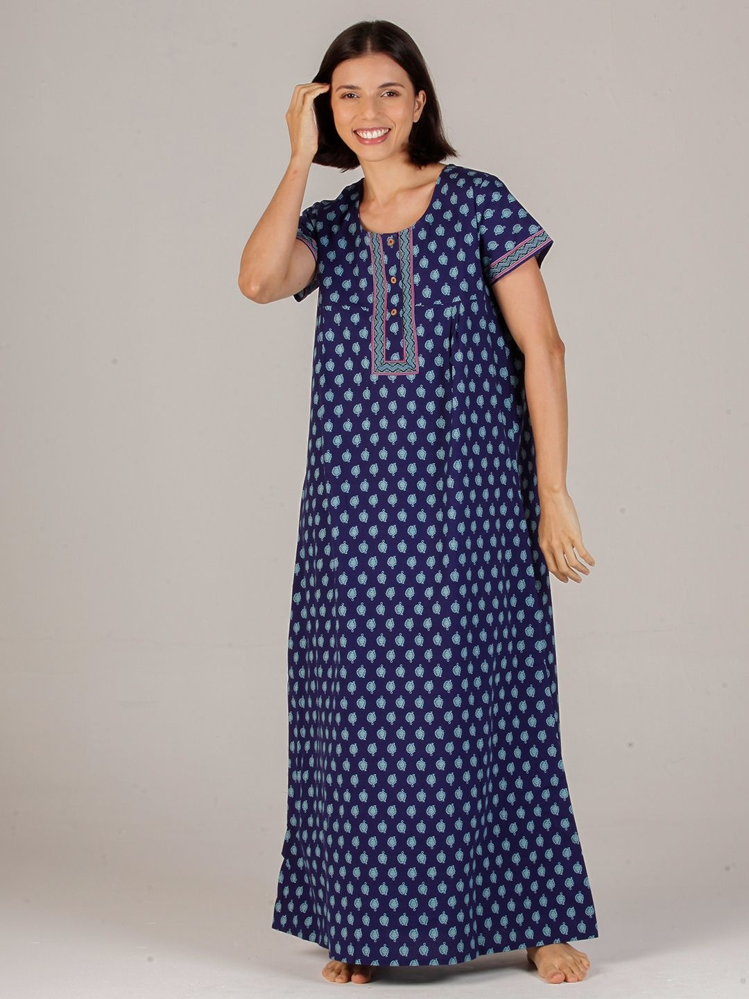 

evolove Printed Pure Cotton Maxi Nightdress, Blue