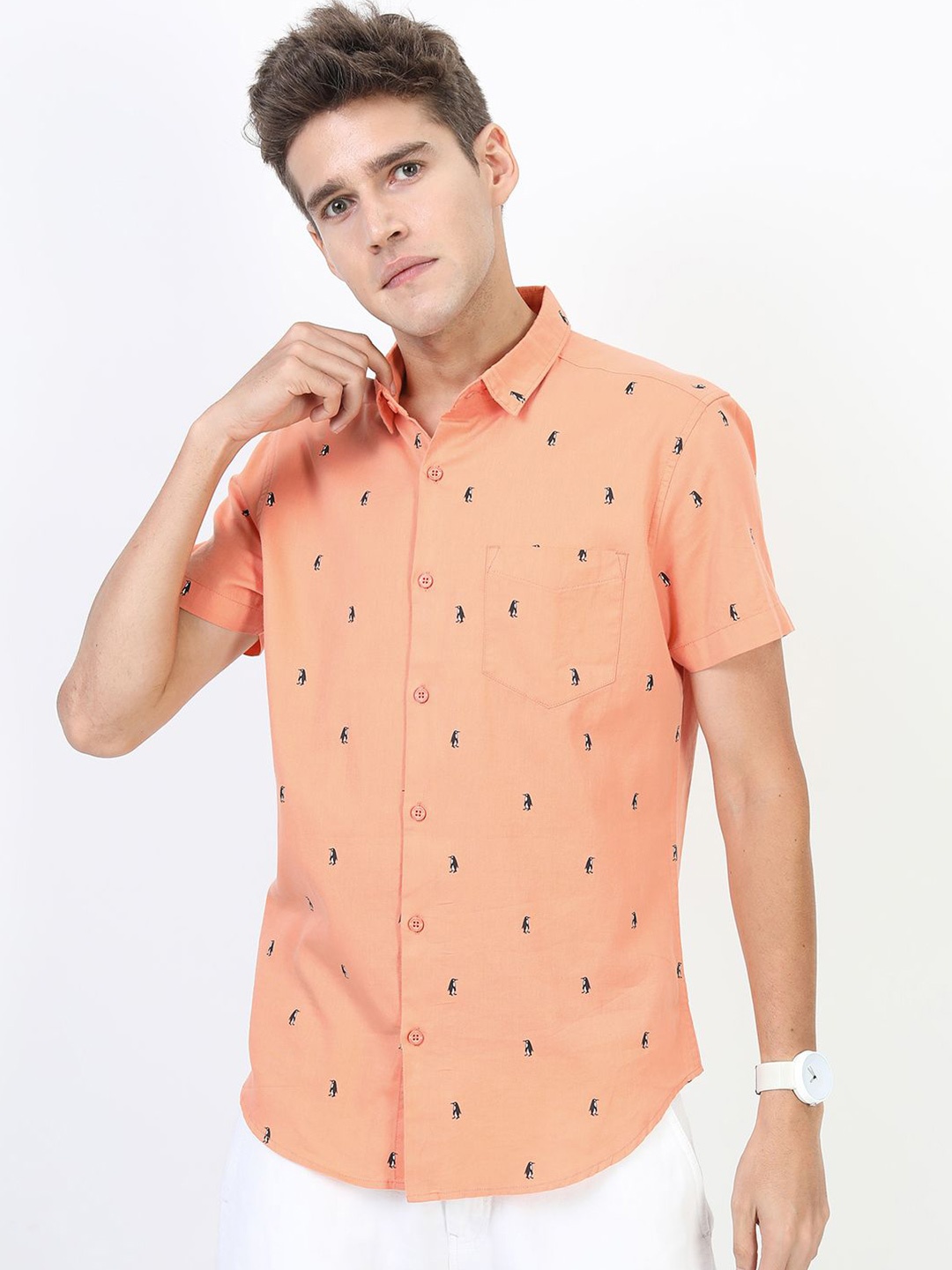 

Highlander Mens Printed Slim Fit Shirt, Peach