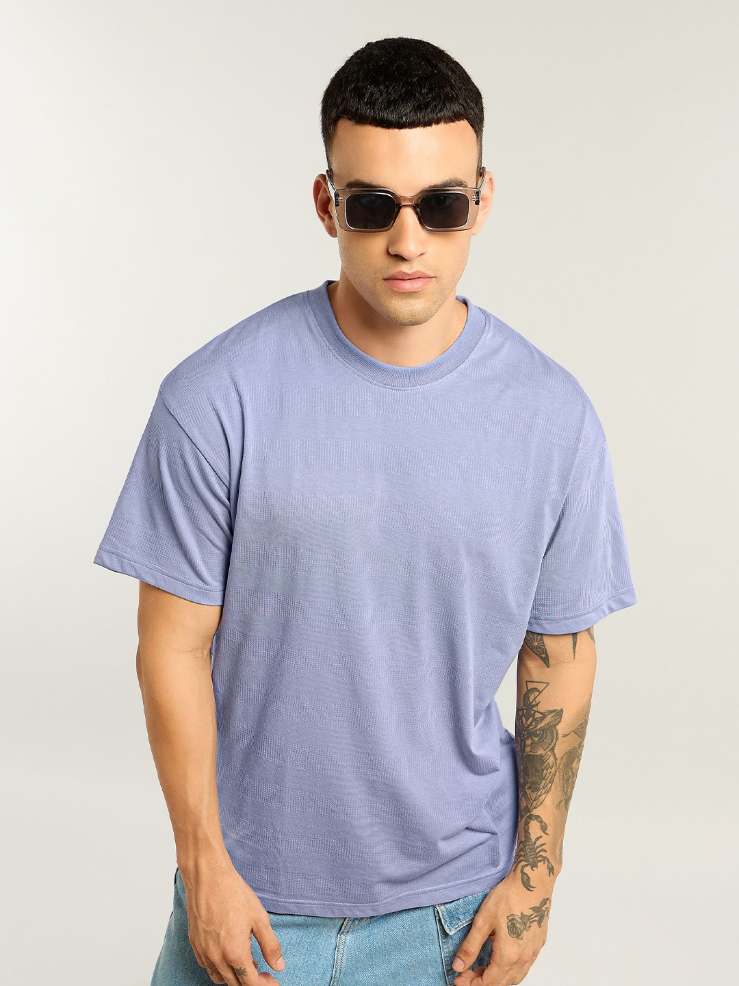 

Beyoung Men Solid Round Neck Cotton Oversized T-shirt, Lavender