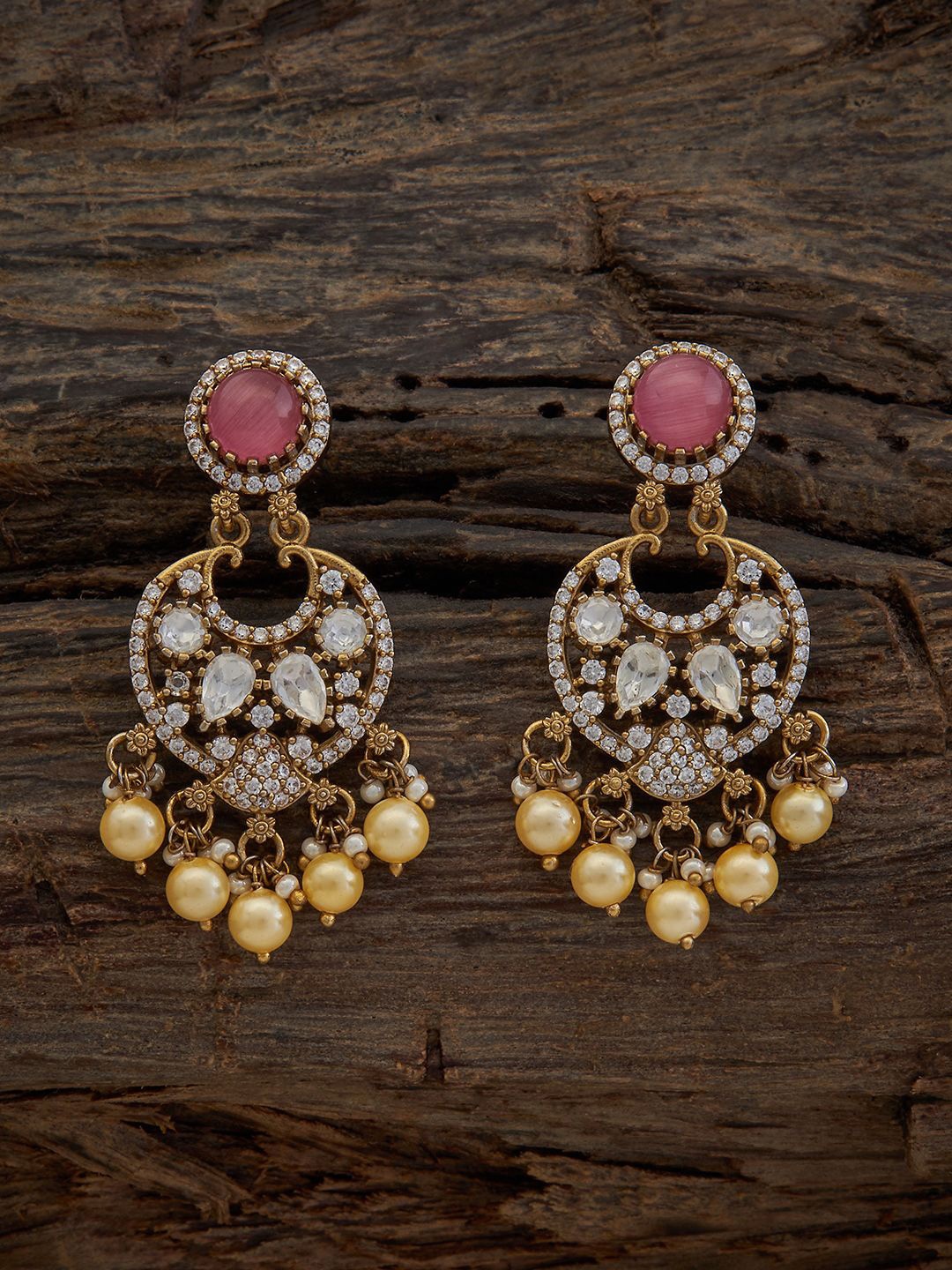 

Kushal's Fashion Jewellery Gold-Plated Crescent Shaped Kundan Drop Earrings, Pink