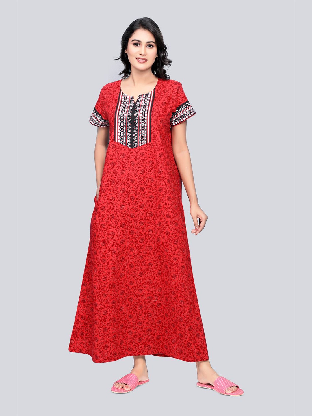 

evolove Printed Maxi Short Sleeves Nightdress, Red