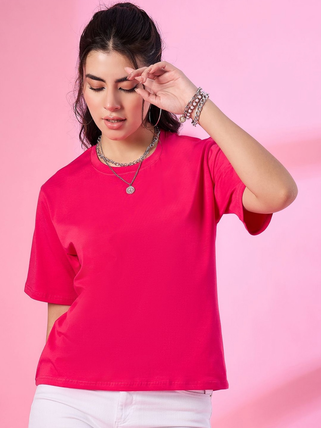 

CUPID Women Solid Round Neck Cotton Oversized T-shirt, Pink