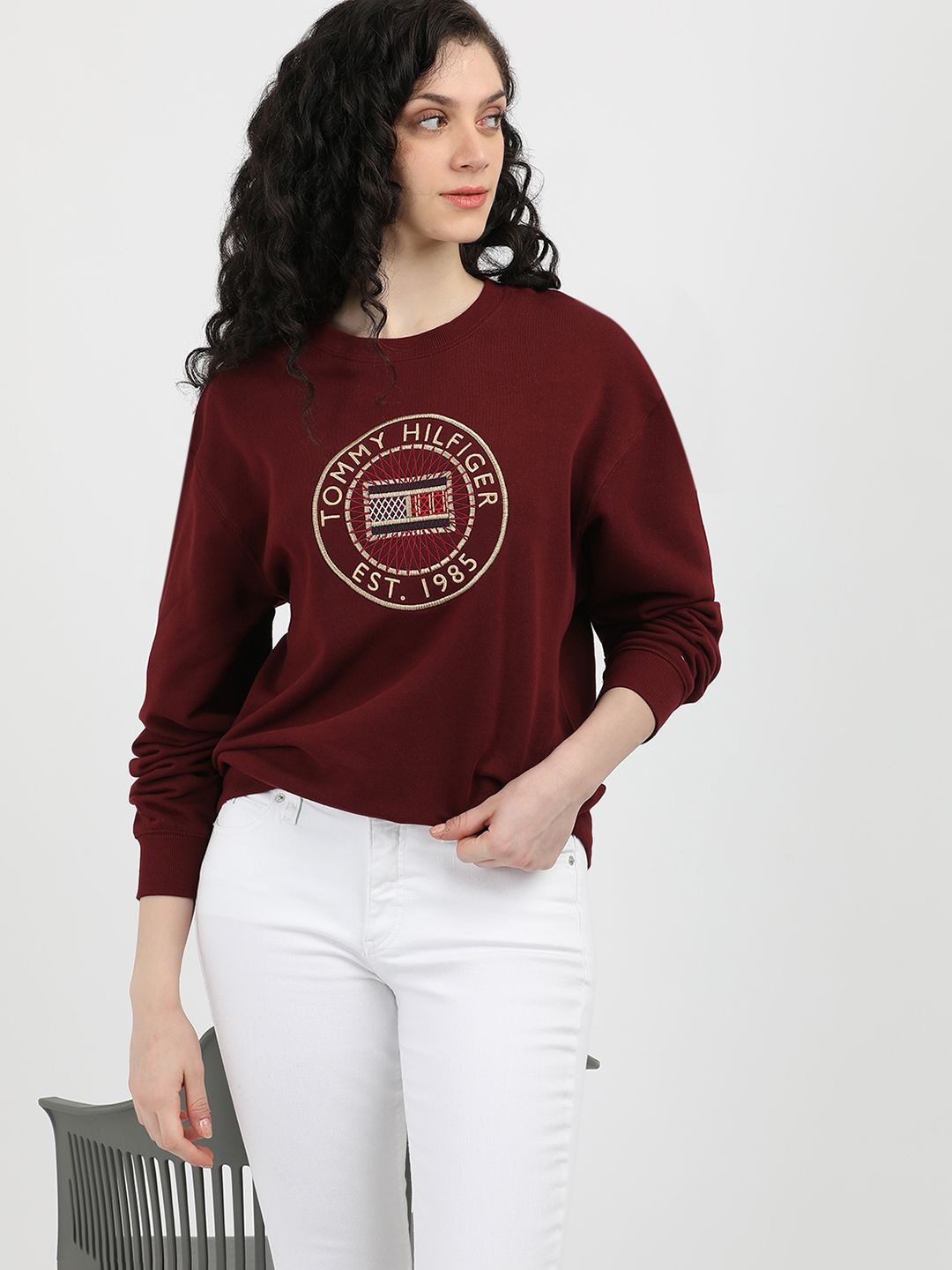 

Tommy Hilfiger Women Typography Printed Round Neck Pure Cotton Sweatshirt, Brown