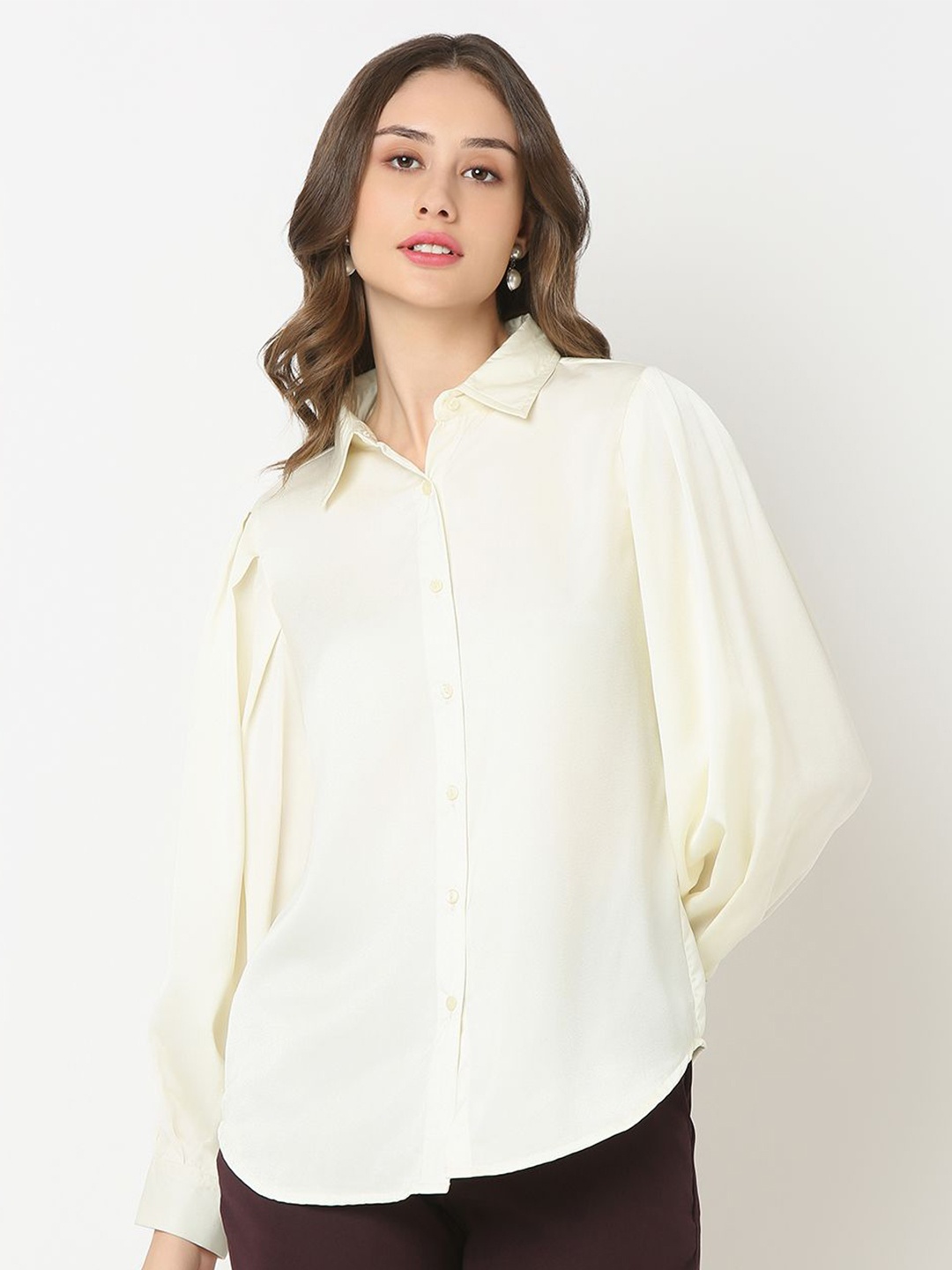 

NOT SO PINK Women New Spread Collar Solid Casual Shirt, Cream