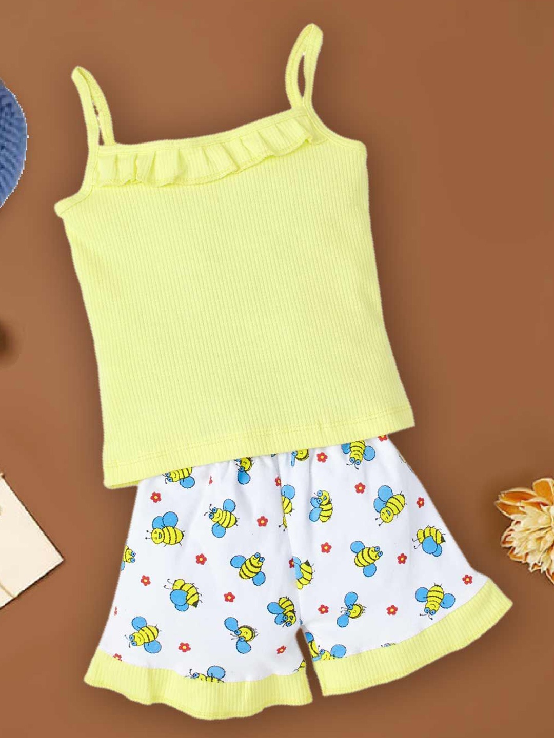 

Babywish Girls Square Neck Pure Cotton Top with Shorts, Yellow