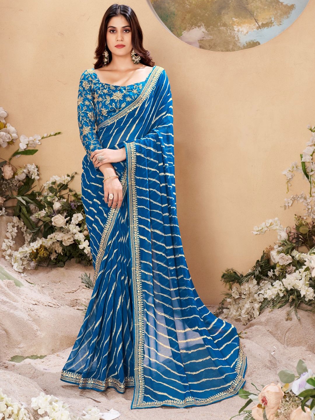 

CHUDIYA Leheriya Sequinned Pure Georgette Saree, Blue