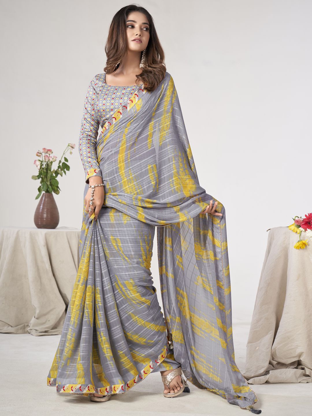 

CHUDIYA Gotta Patti Pure Georgette Saree, Grey