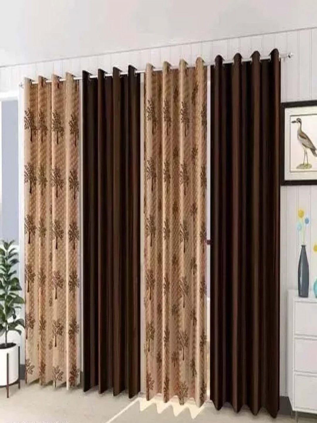 

AADI TRADERS Coffee Brown & Beige 4 Pieces Floral Eyelet Window Curtain