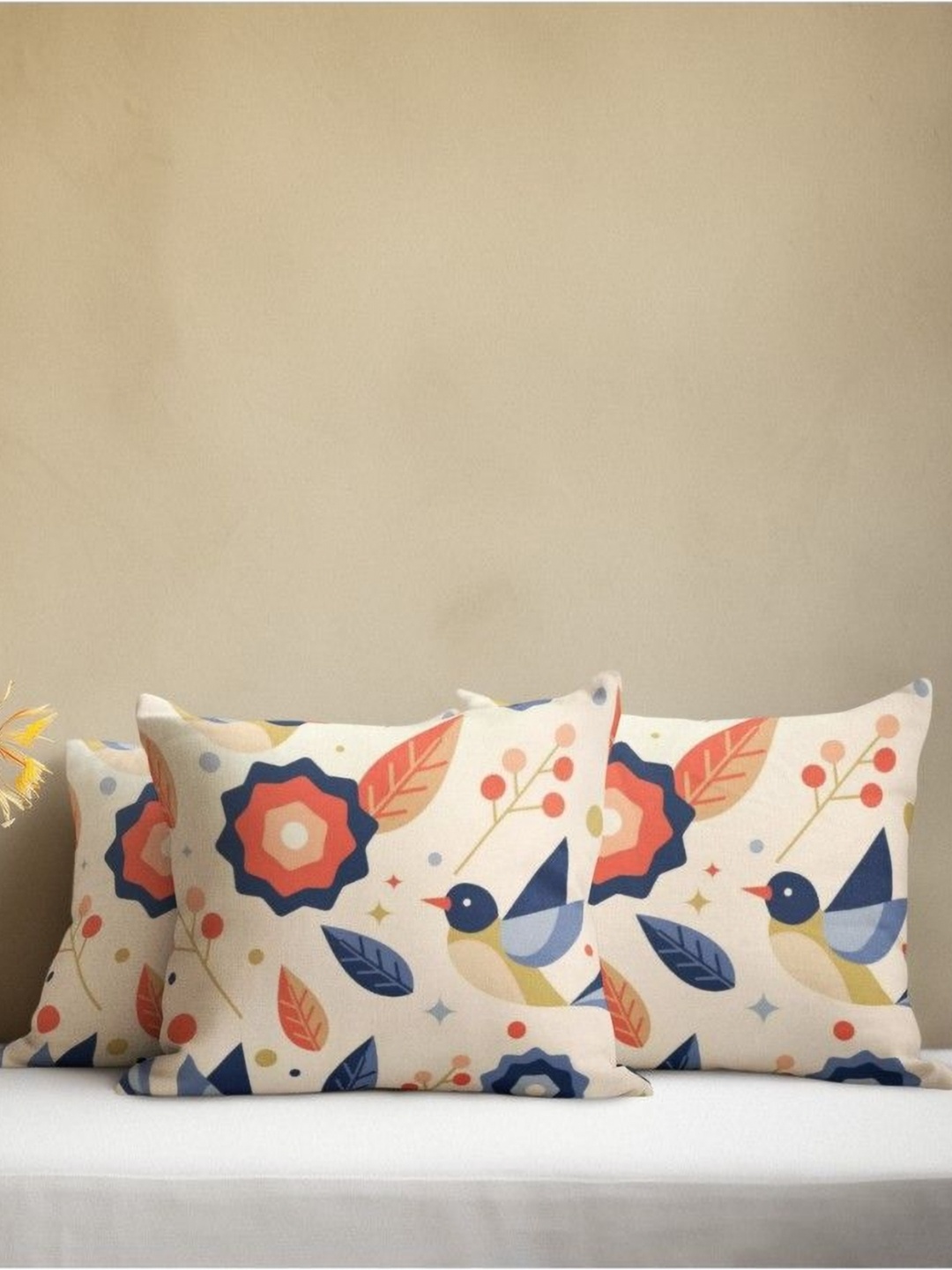 

THEYAYACAFE Off White & Blue 3 Pieces Floral Velvet Square Cushion Covers