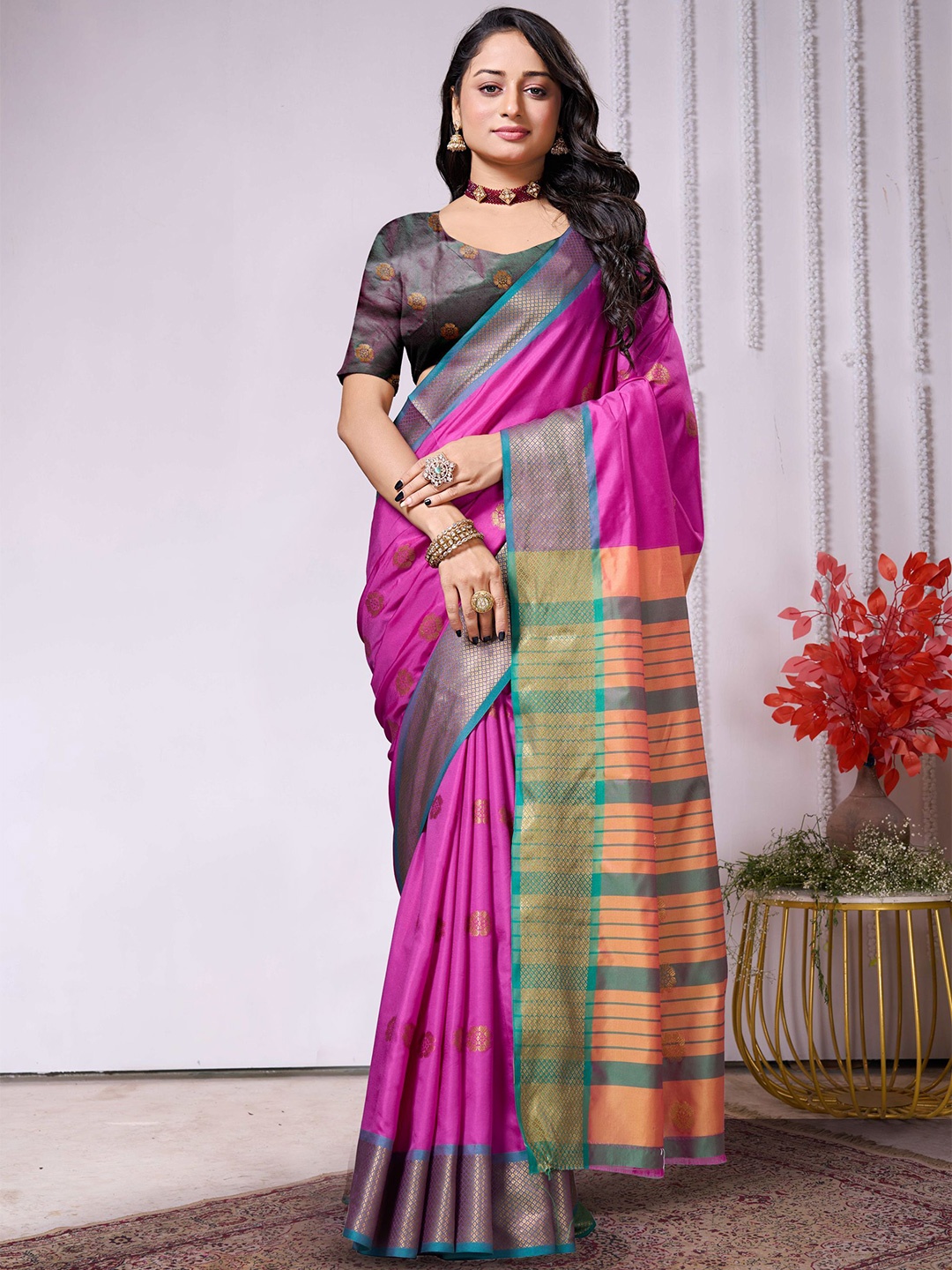 

V3 FASHION STUDIO Ethnic Motifs Zari Art Silk Banarasi Saree, Purple