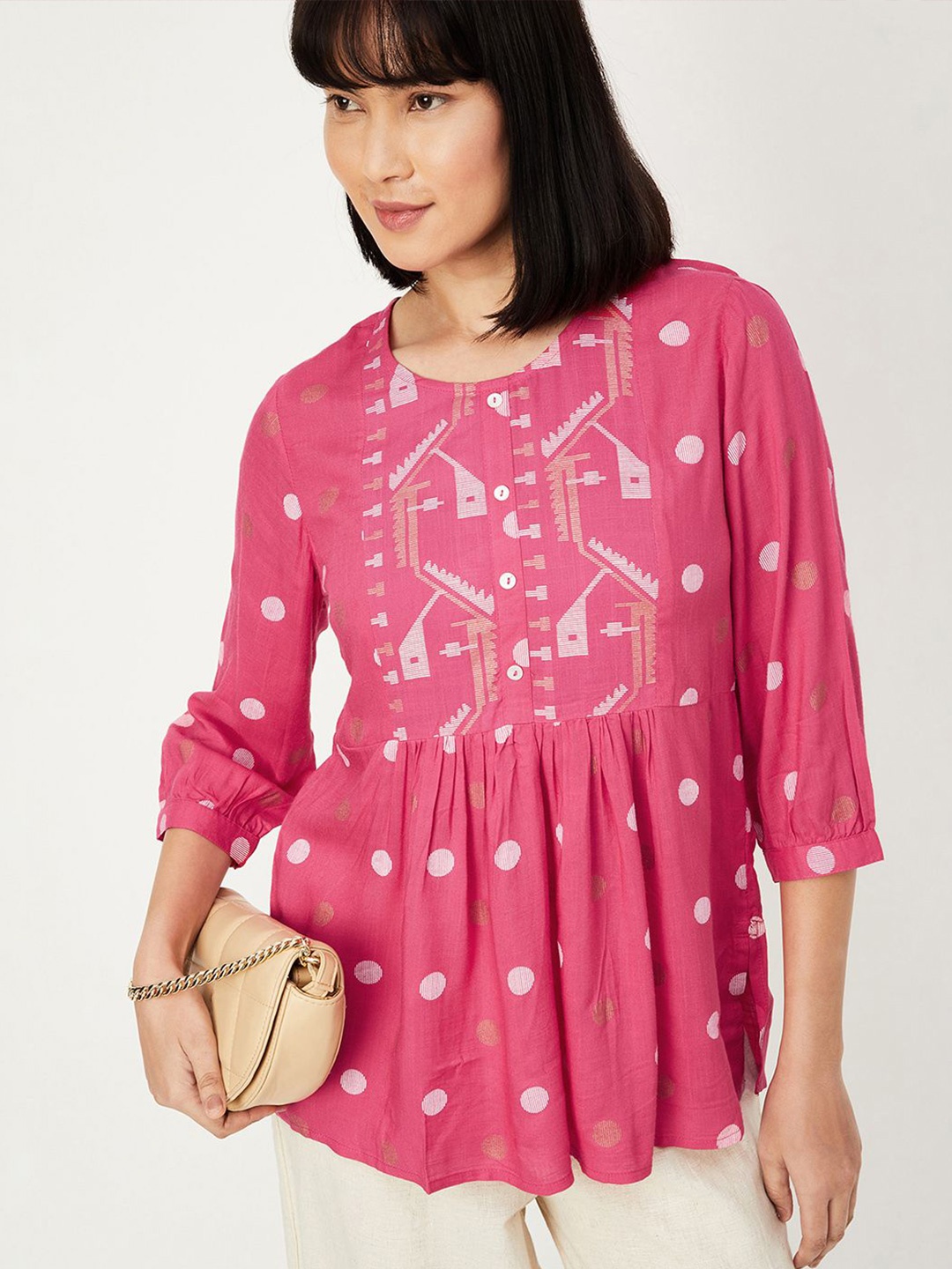 

max Women Cotton Printed Round Neck Three-Quarter Sleeves Tunic, Pink