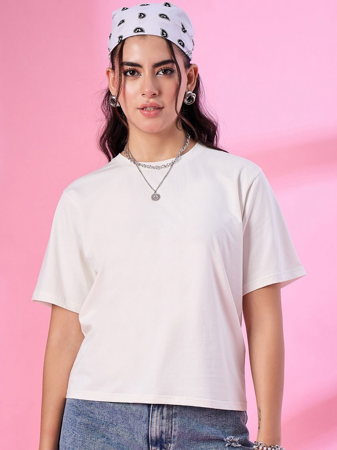 

CUPID Women Solid Round Neck Cotton Oversized T-shirt, White