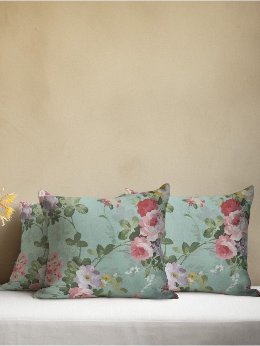 

THEYAYACAFE Green & Purple 3 Pieces Floral Velvet Square Cushion Covers