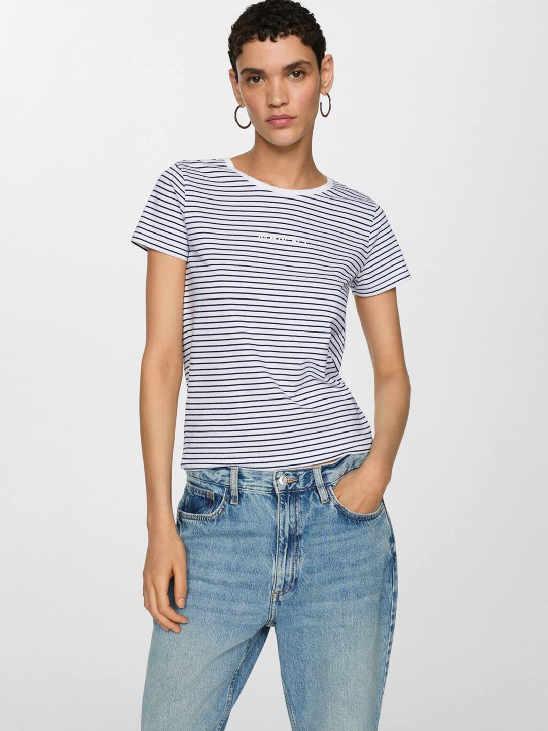 

MANGO Striped Pure Cotton T-shirt, Navy blue