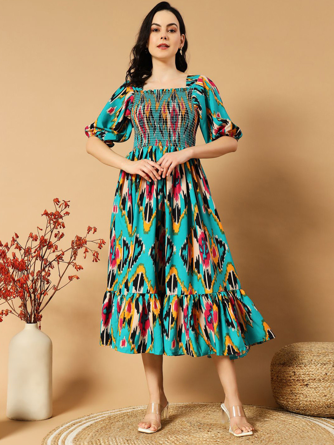 

ZWERLON Print Puff Sleeve Applique Formal A-Line Midi Dress, Green