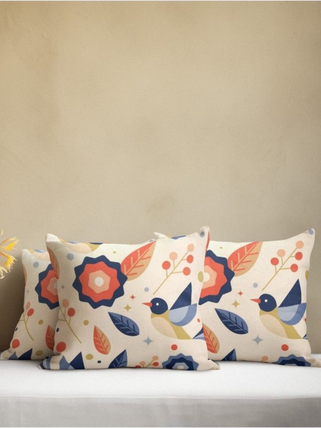 

THEYAYACAFE Off White & Blue 3 Pieces Floral Velvet Square Cushion Covers