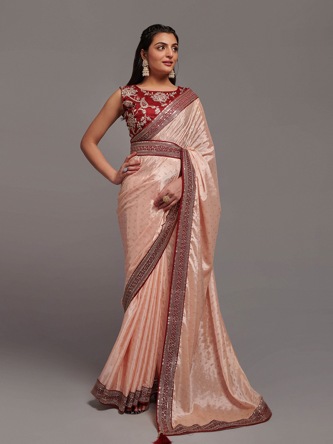 

KALINI Floral Embroidered Belted Bandhani Saree, Beige
