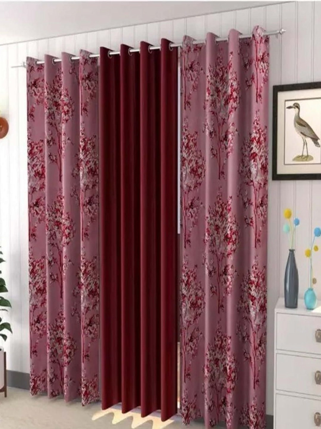 

AADI TRADERS Burgundy & Pink 3 Pieces Floral Printed Window Curtain