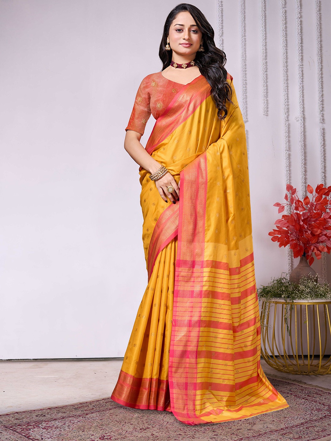 

KALINI Ethnic Motifs Zari Art Silk Banarasi Saree, Yellow