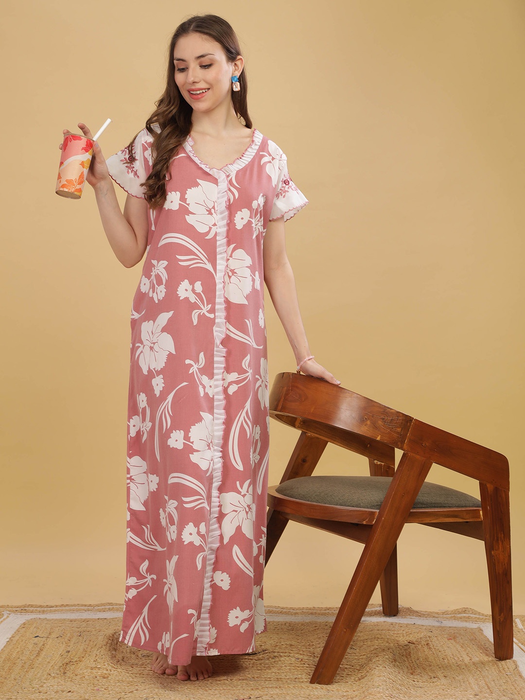 

9shines Label Floral Printed Maxi Nightdress, Peach