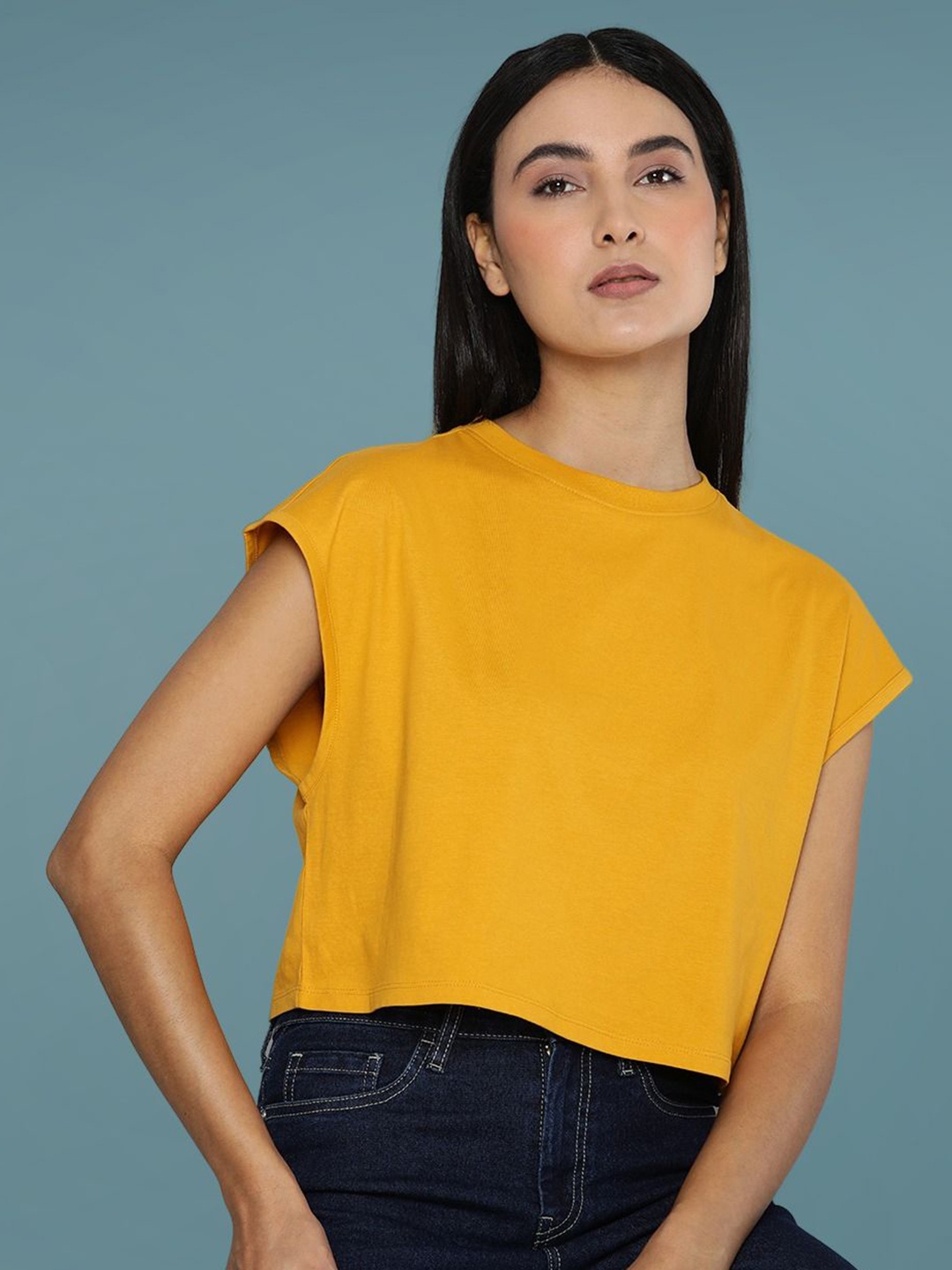 

DressBerry Women Solid Round Neck Cotton Boxy T-shirt, Yellow