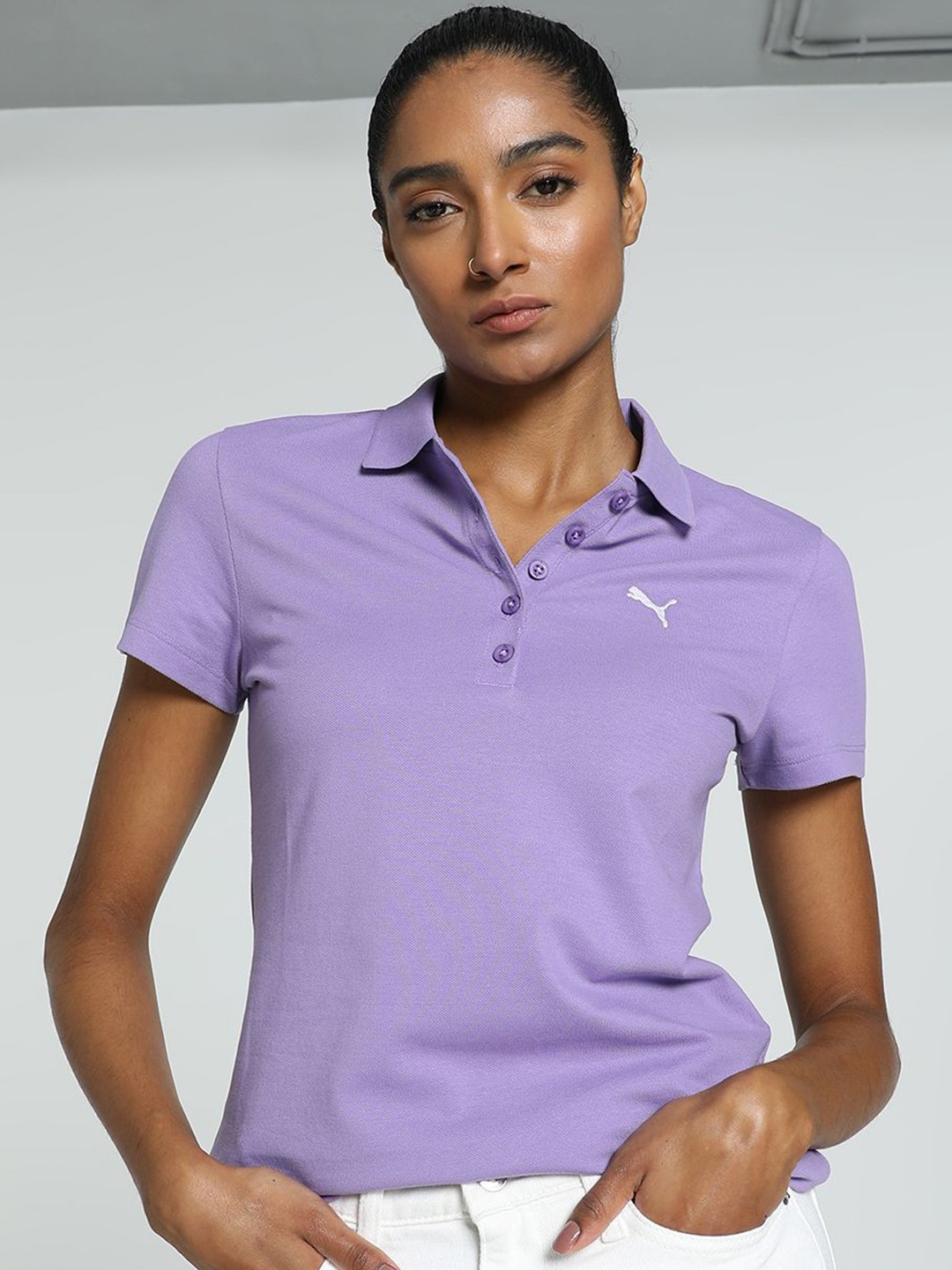 

Puma Women Brand Logo Printed Polo Collar Cotton T-shirt, Lavender