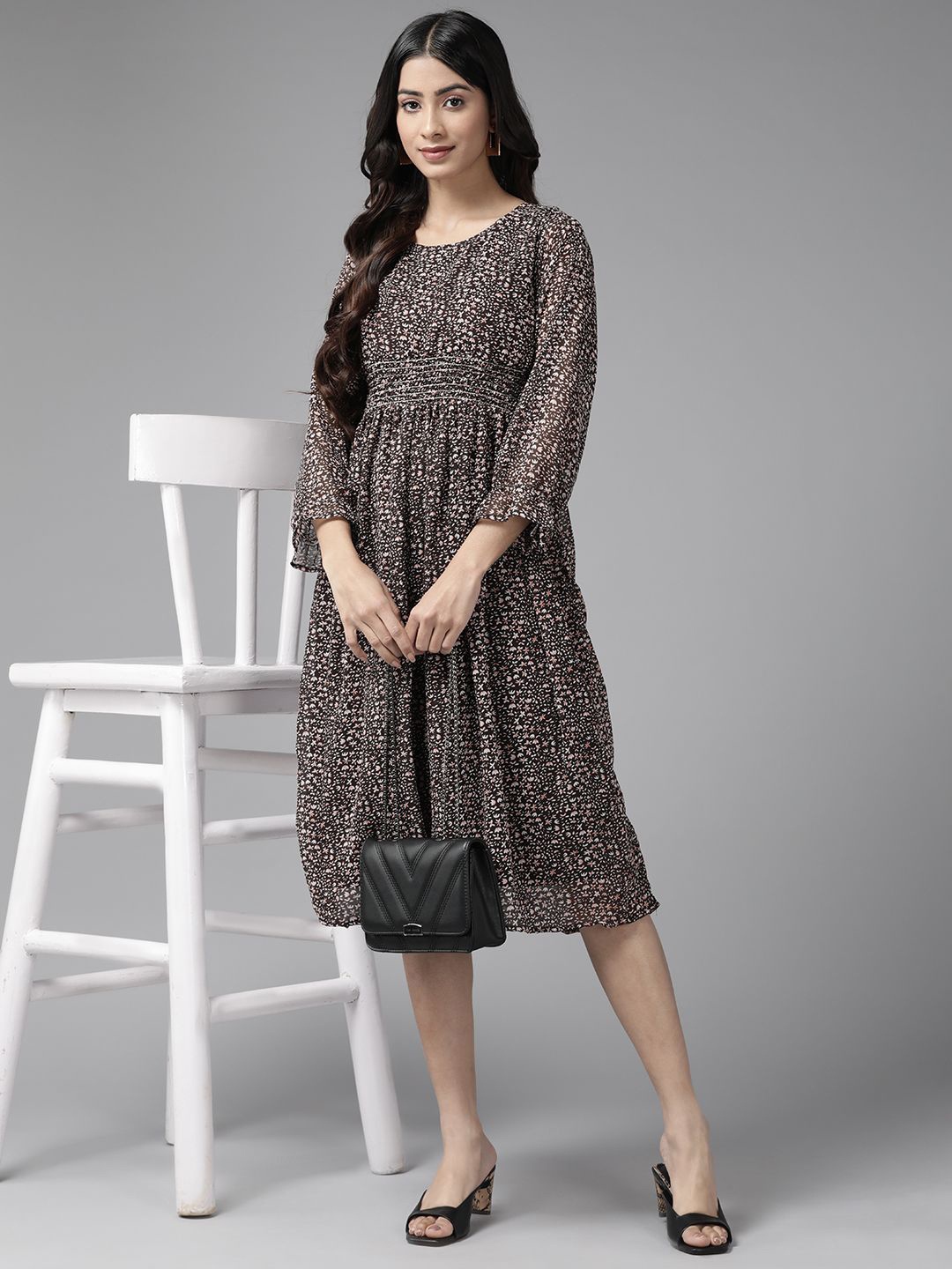 

BAESD Women Floral Printed Fit & Flare Knee Length Dress, Black