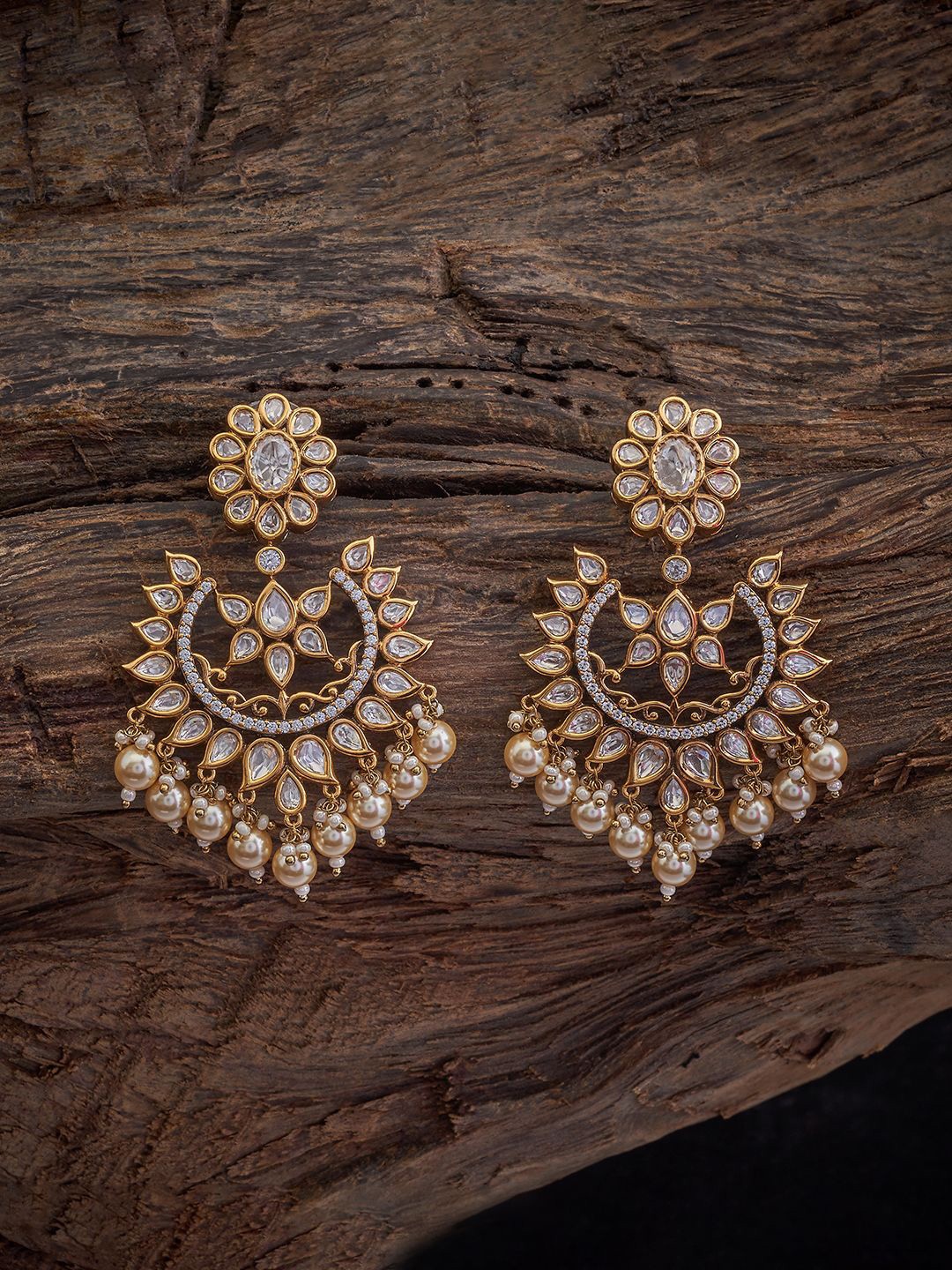 

Kushal's Fashion Jewellery Gold-Plated Crescent Shaped Kundan Drop Earrings, White