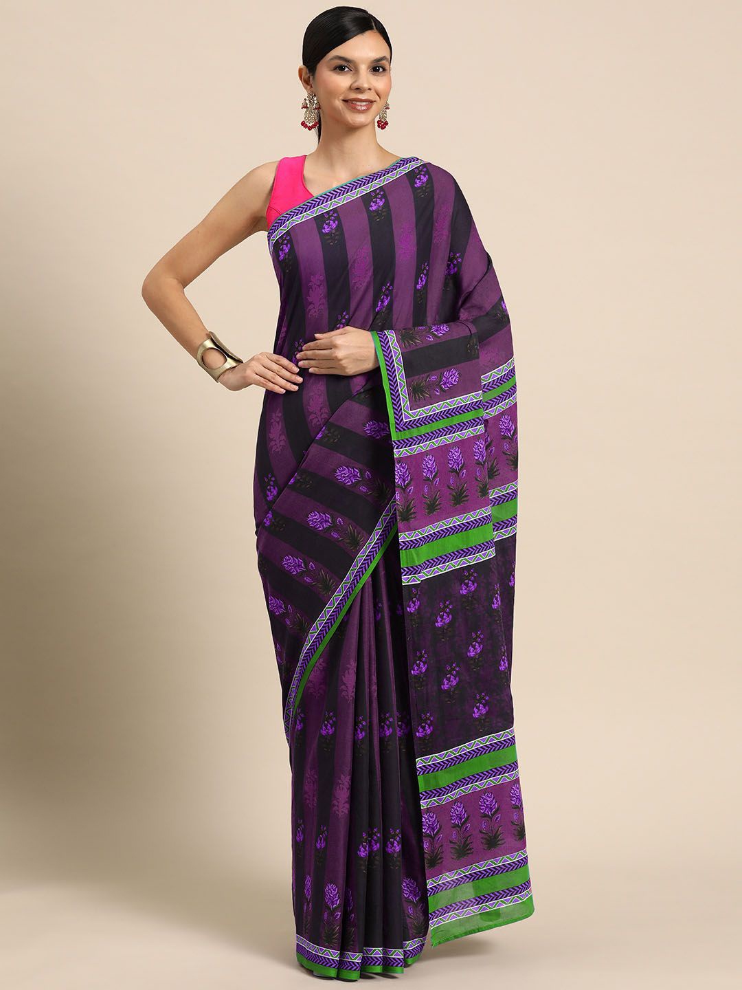 

BUTA BUTI Floral Pure Cotton Saree, Purple