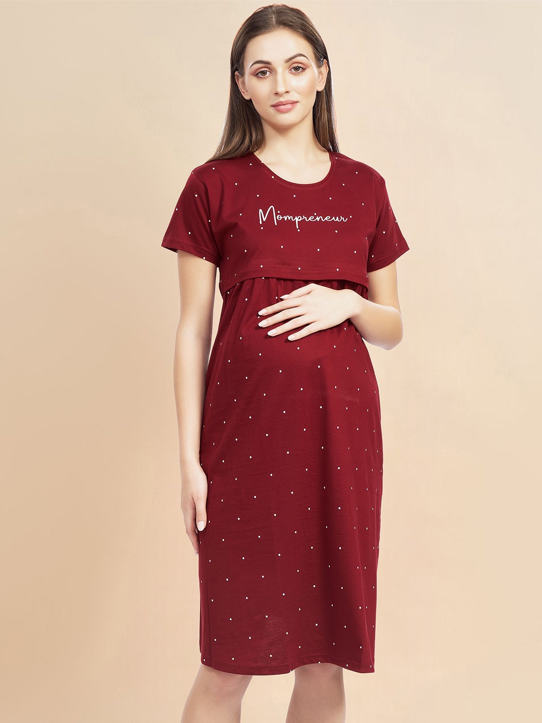 

PASTEL CLIP Polka Dot Printed Pure Cotton Maternity T-Shirt Nightdress, Maroon