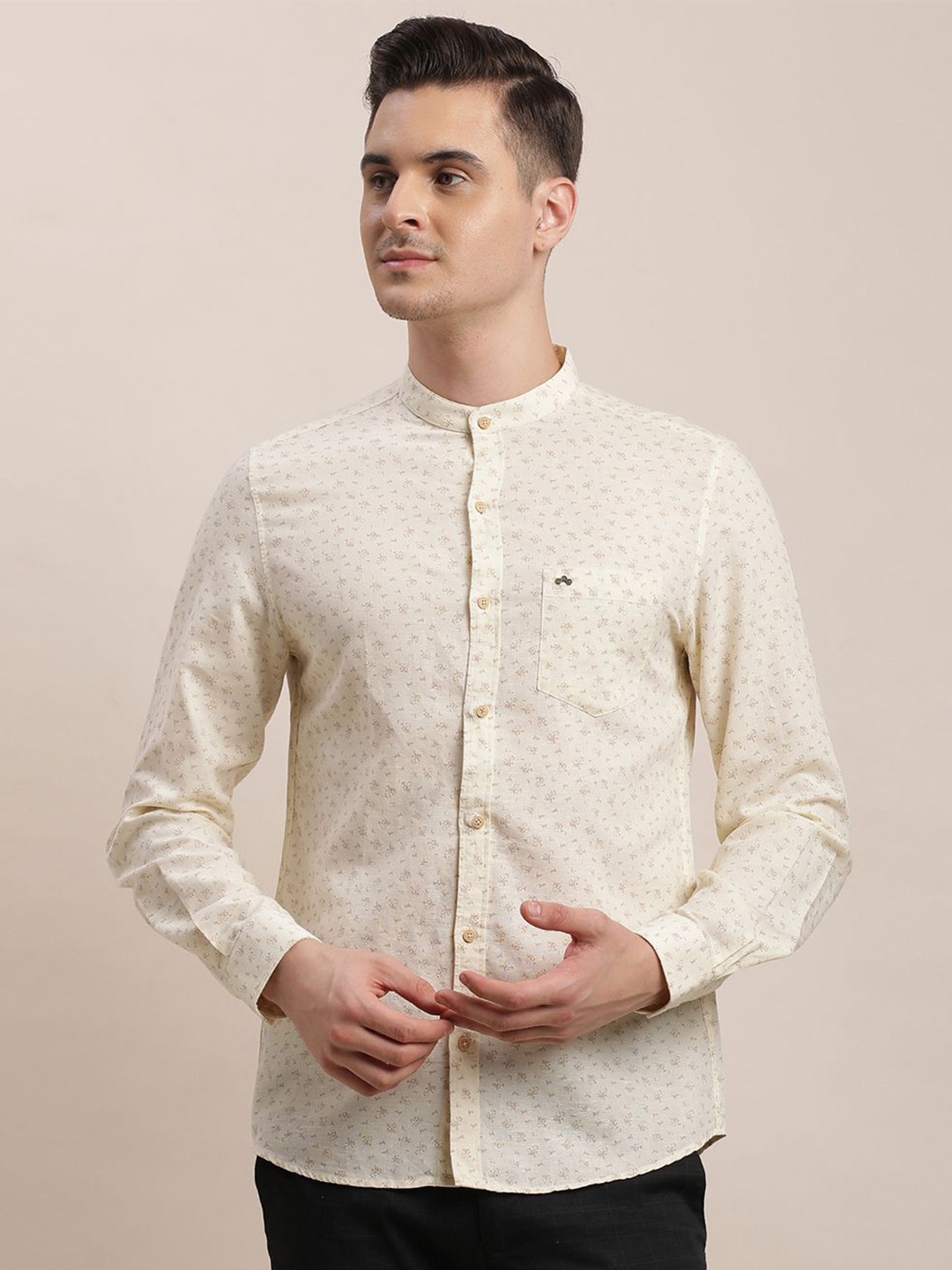 

Turtle Men Relaxed Mandarin Collar Micro Ditsy Printed Cotton Linen Slim Fit Casual Shirt, Beige