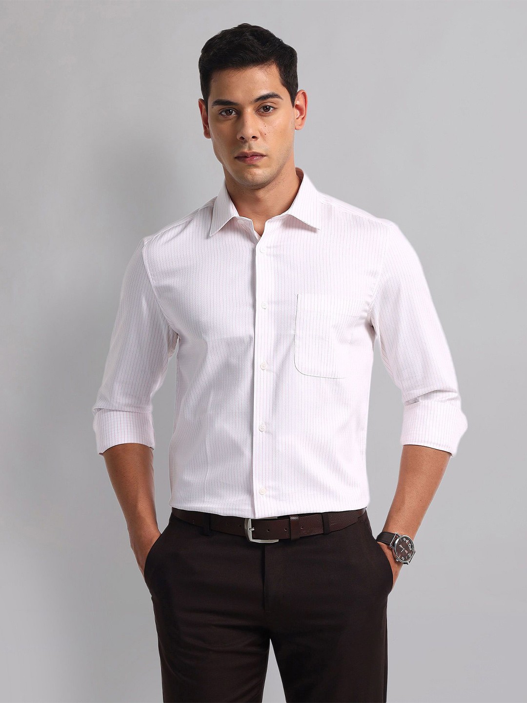 

AD By Arvind Men Spread Collar Solid Striped Cotton Casual Shirt, Pink