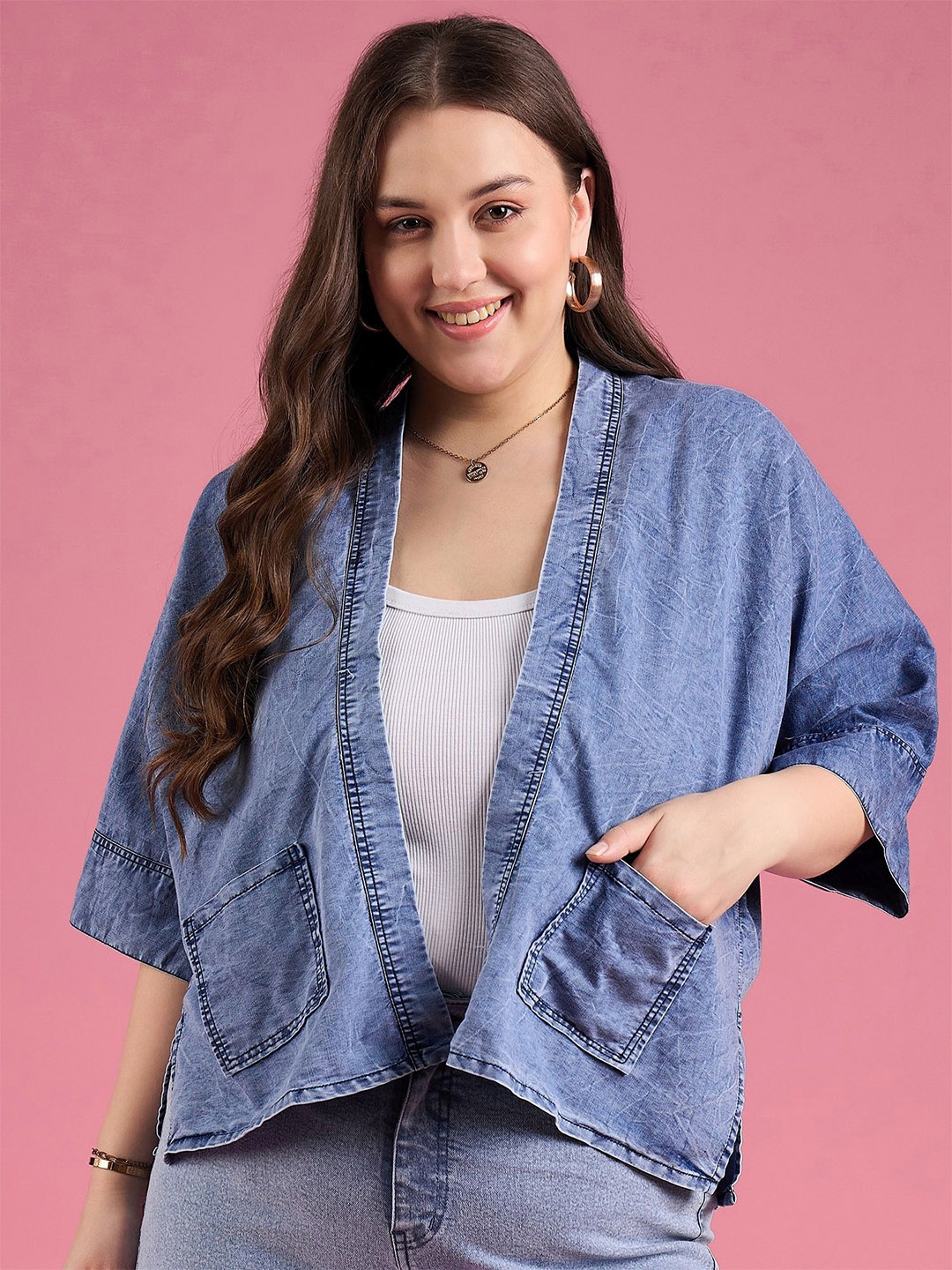 

DressBerry Curve Open Front Cotton Denim Shrug, Blue