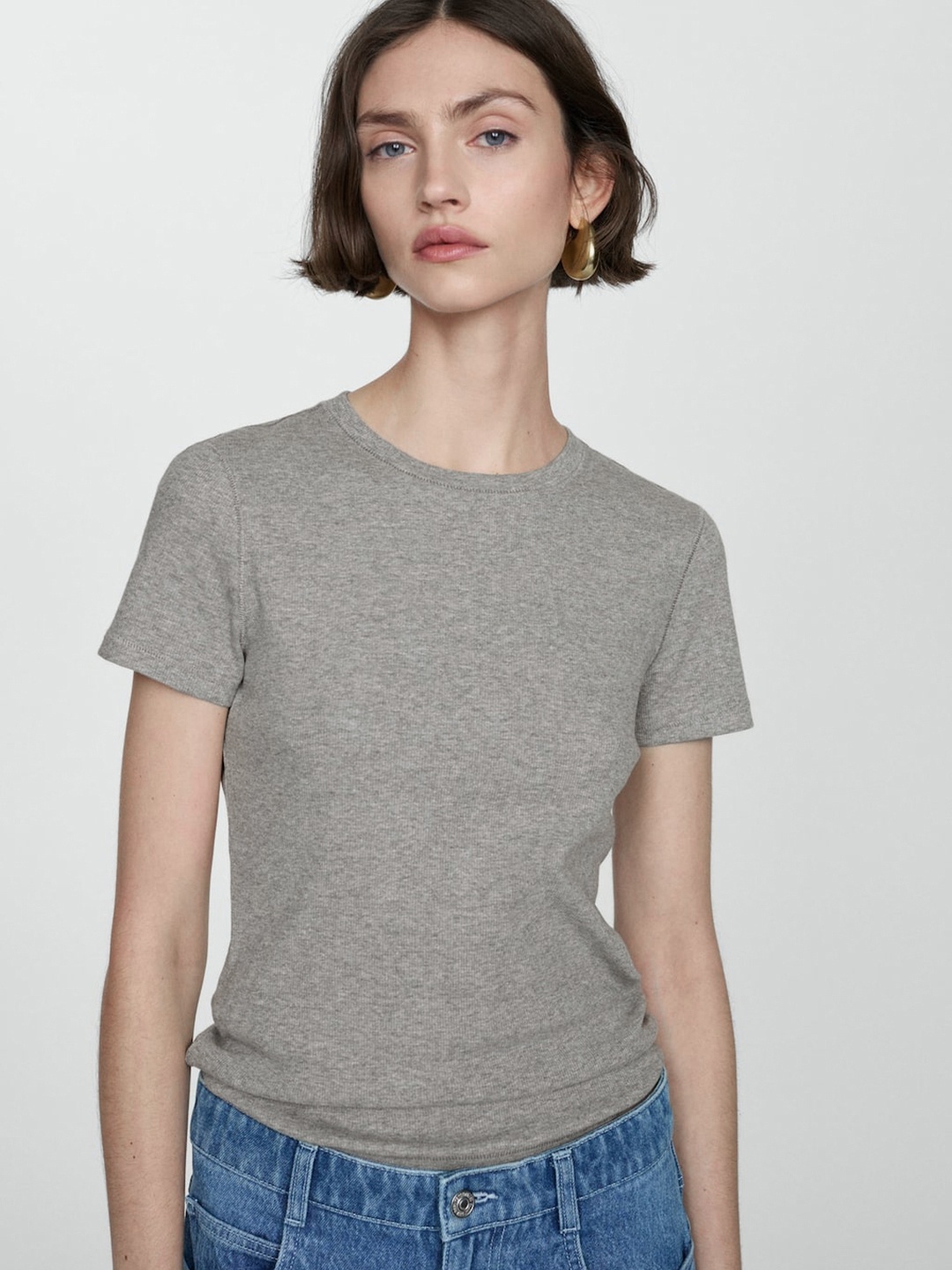 

MANGO Ribbed T-shirt, Grey melange