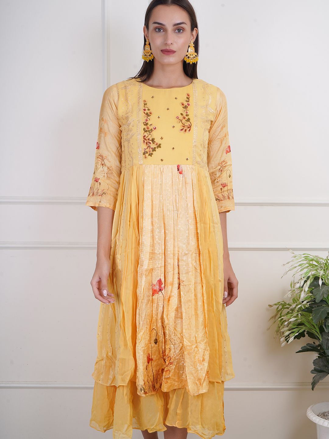 

Adwitiya Womens Fit & Flare Round Neck Embellished Ethnic Maxi Dress, Yellow