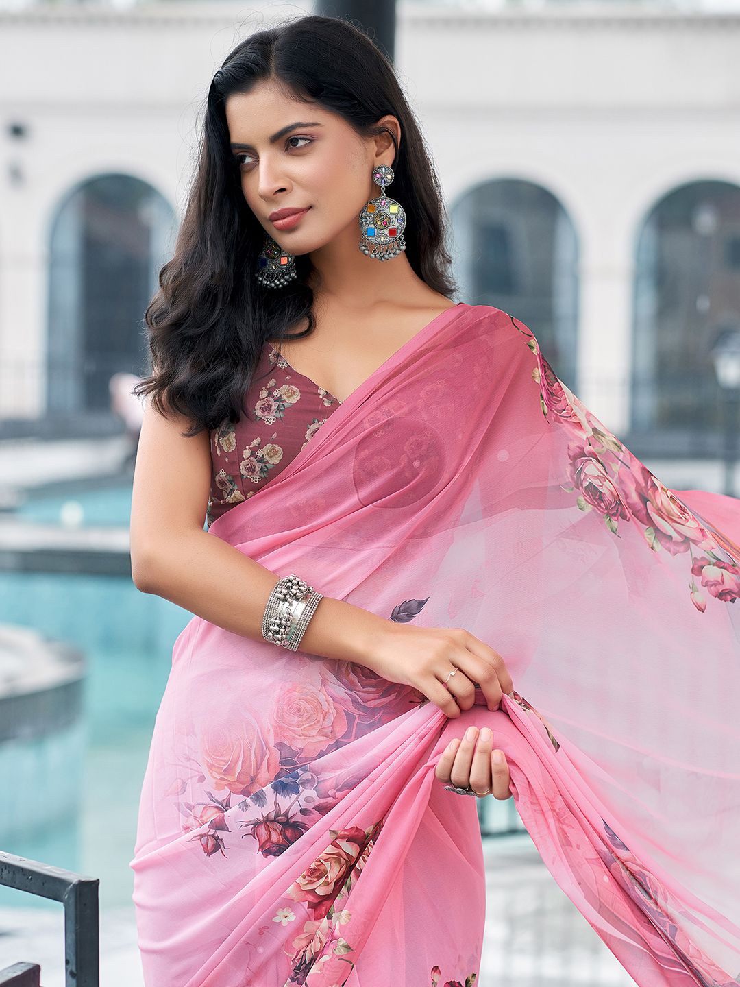 

Mitera Floral Printed Pure Georgette Muga Saree, Pink