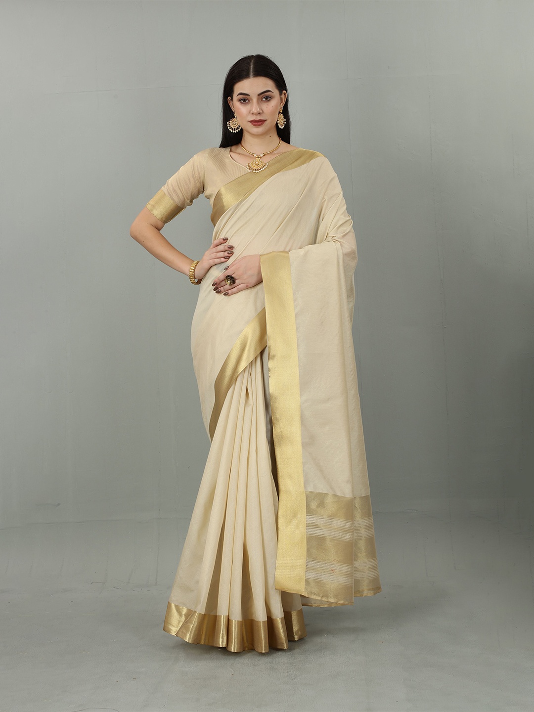 

THE52 Zari Kasavu Saree, Cream