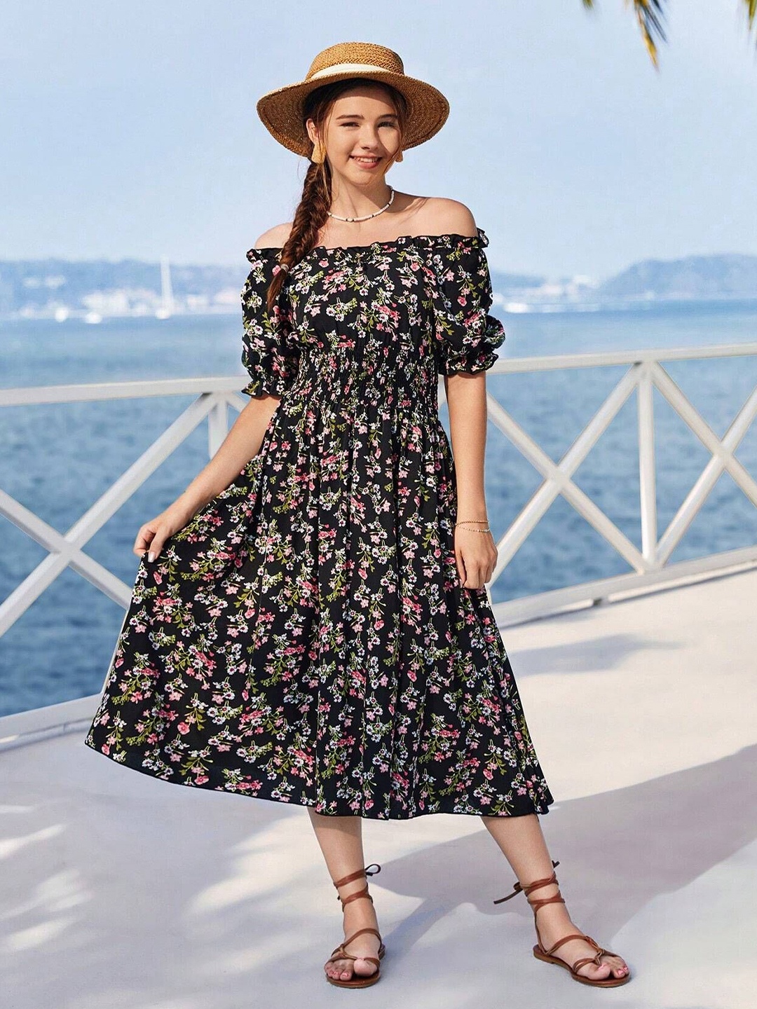 

BAESD Floral Print Off-Shoulder Fit & Flare Midi Dress, Black