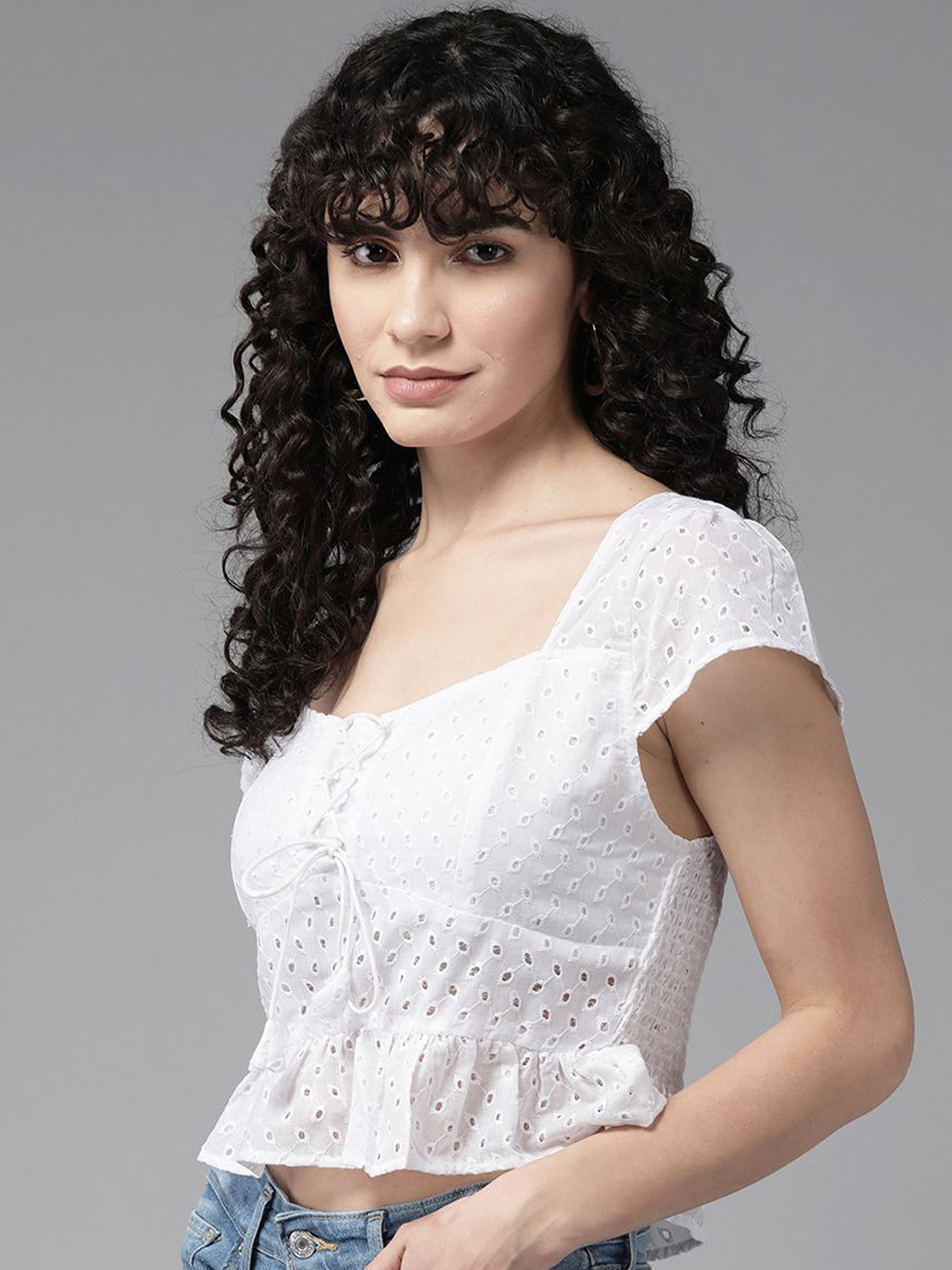

BAESD Women Self Design Square Neck Top, White