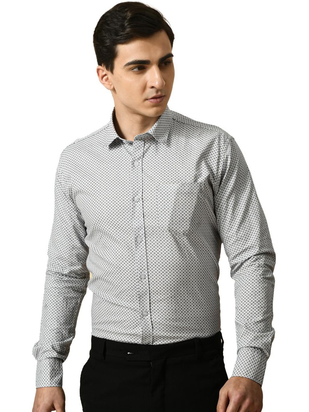 

PEBCO Men Classic Geometric Printed Cotton Slim Fit Casual Shirt, White