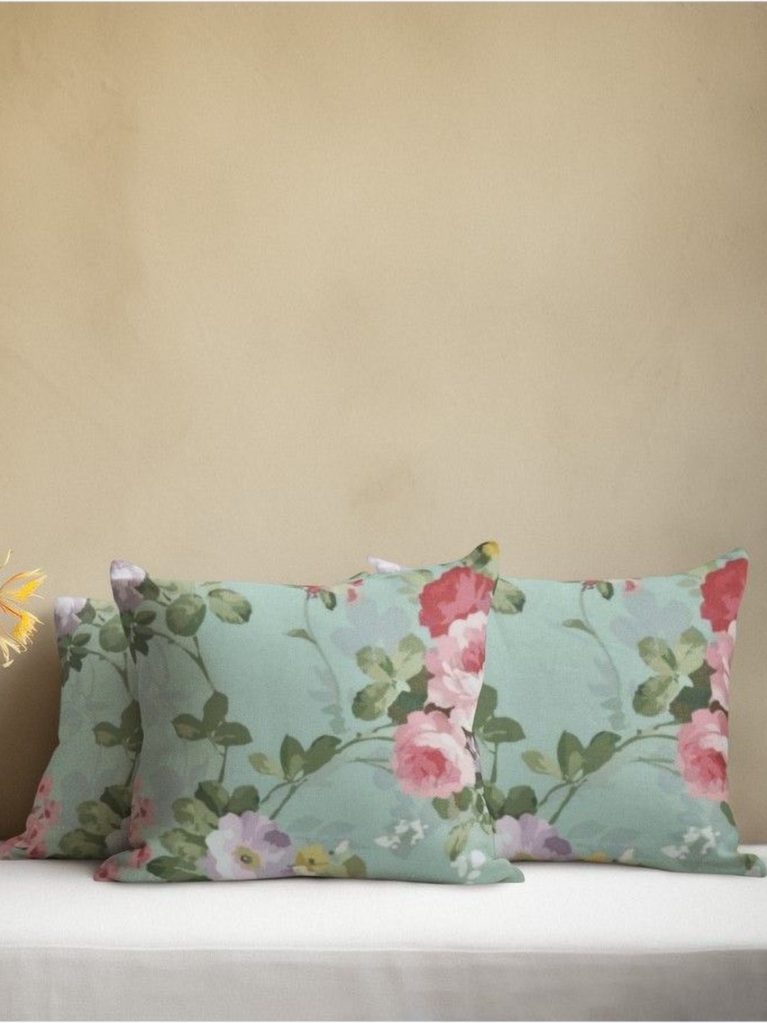 

THEYAYACAFE Green & Red 3 Pieces Floral Velvet Square Cushion Covers
