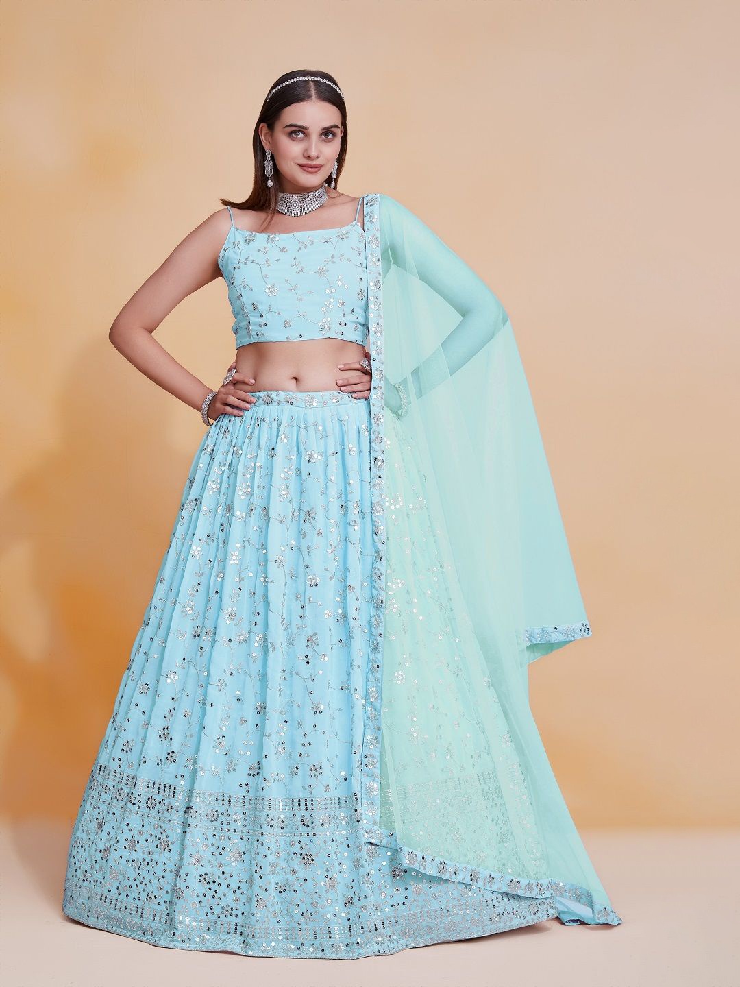 

JIHU CULTURE Embellished Sequinned Semi-Stitched Lehenga & Unstitched Blouse With Dupatta, Blue