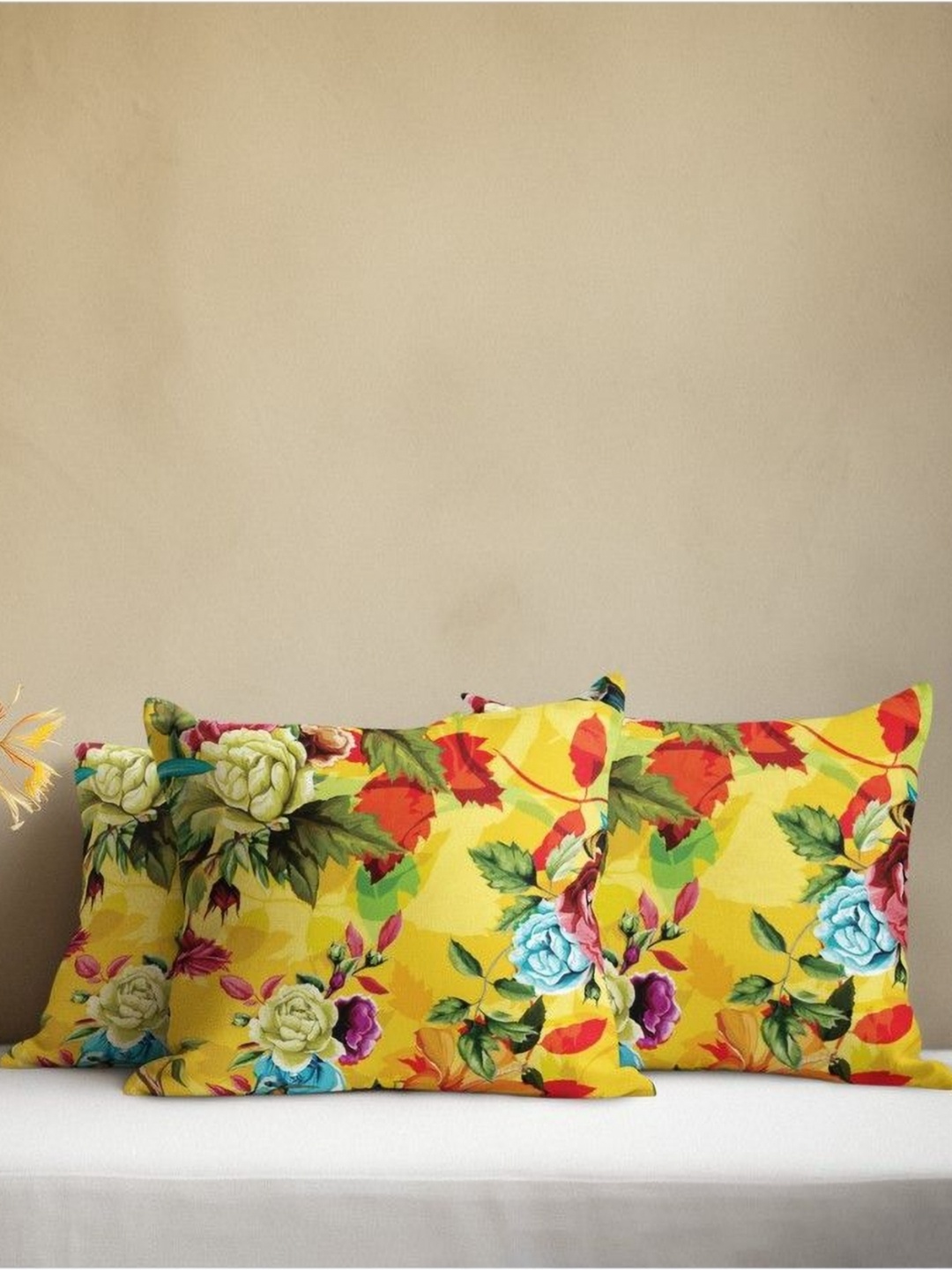 

THEYAYACAFE Yellow & Red 3 Pieces Floral Velvet Square Cushion Covers