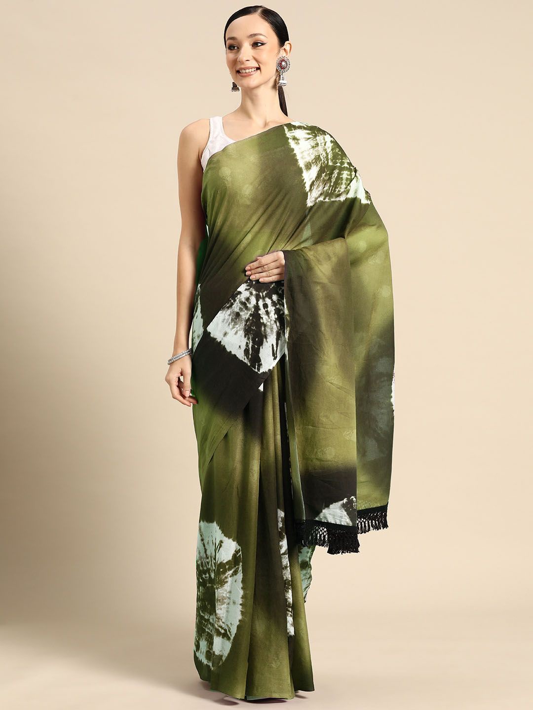 

BUTA BUTI Tie and Dye Pure Cotton Saree, Olive