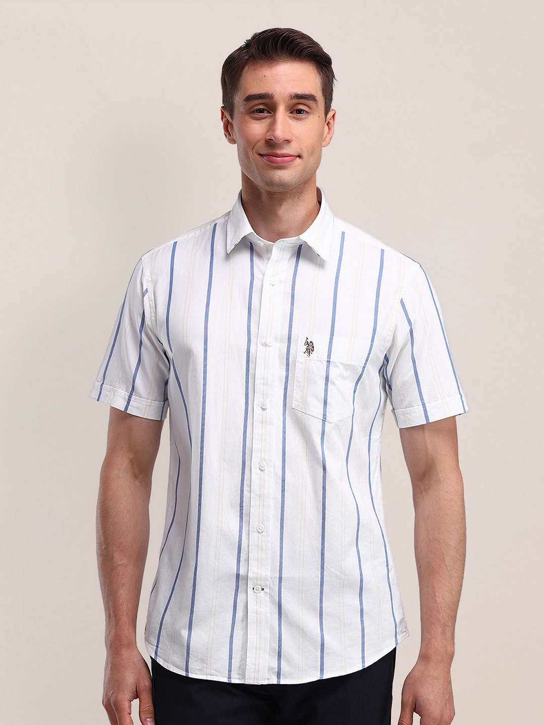 

U.S. Polo Assn. Men Classic Cutaway Collar Vertical Striped Cotton Formal Shirt, White
