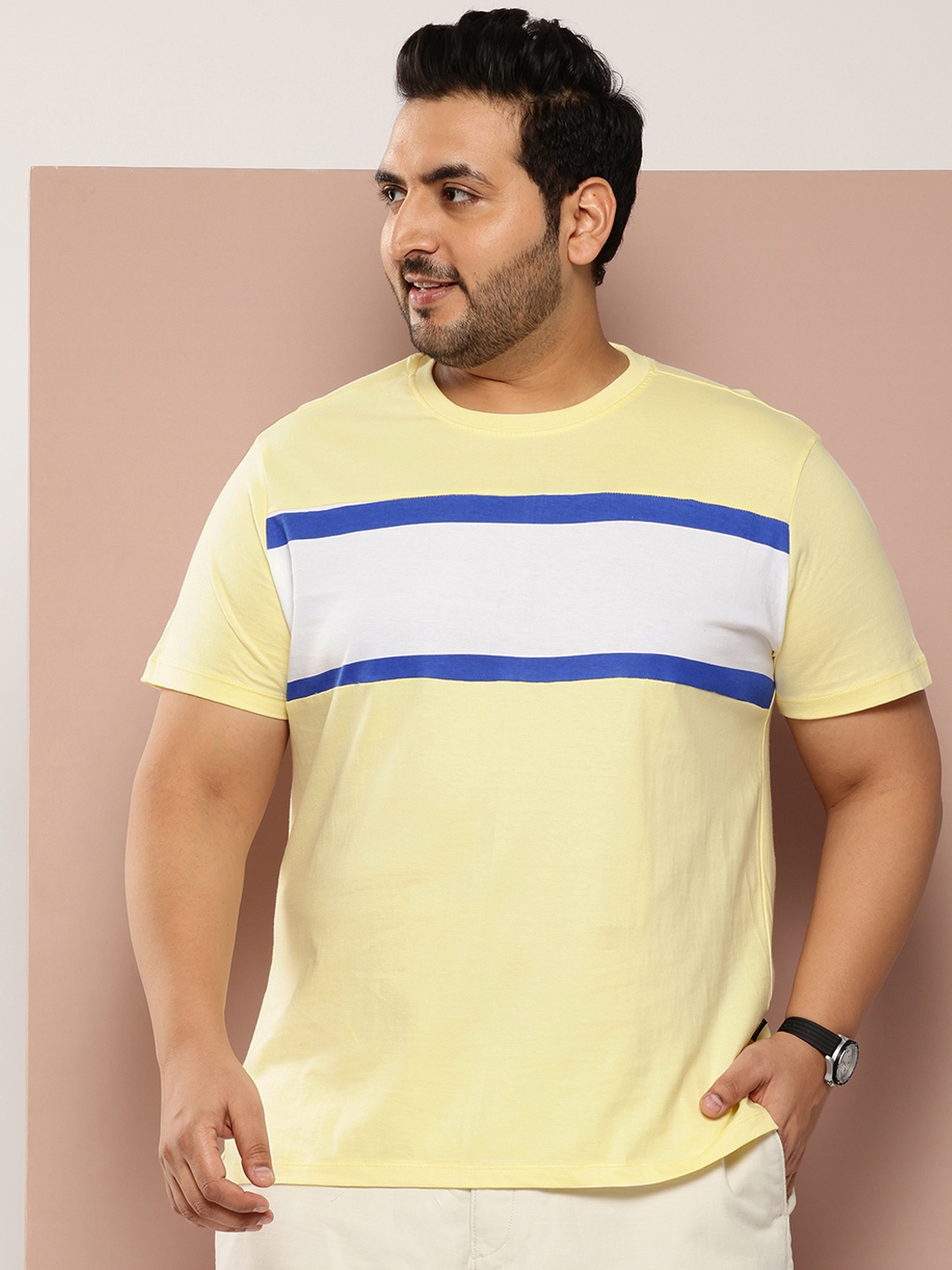 

Sztori Plus Size Striped Pure Cotton T-shirt, Yellow