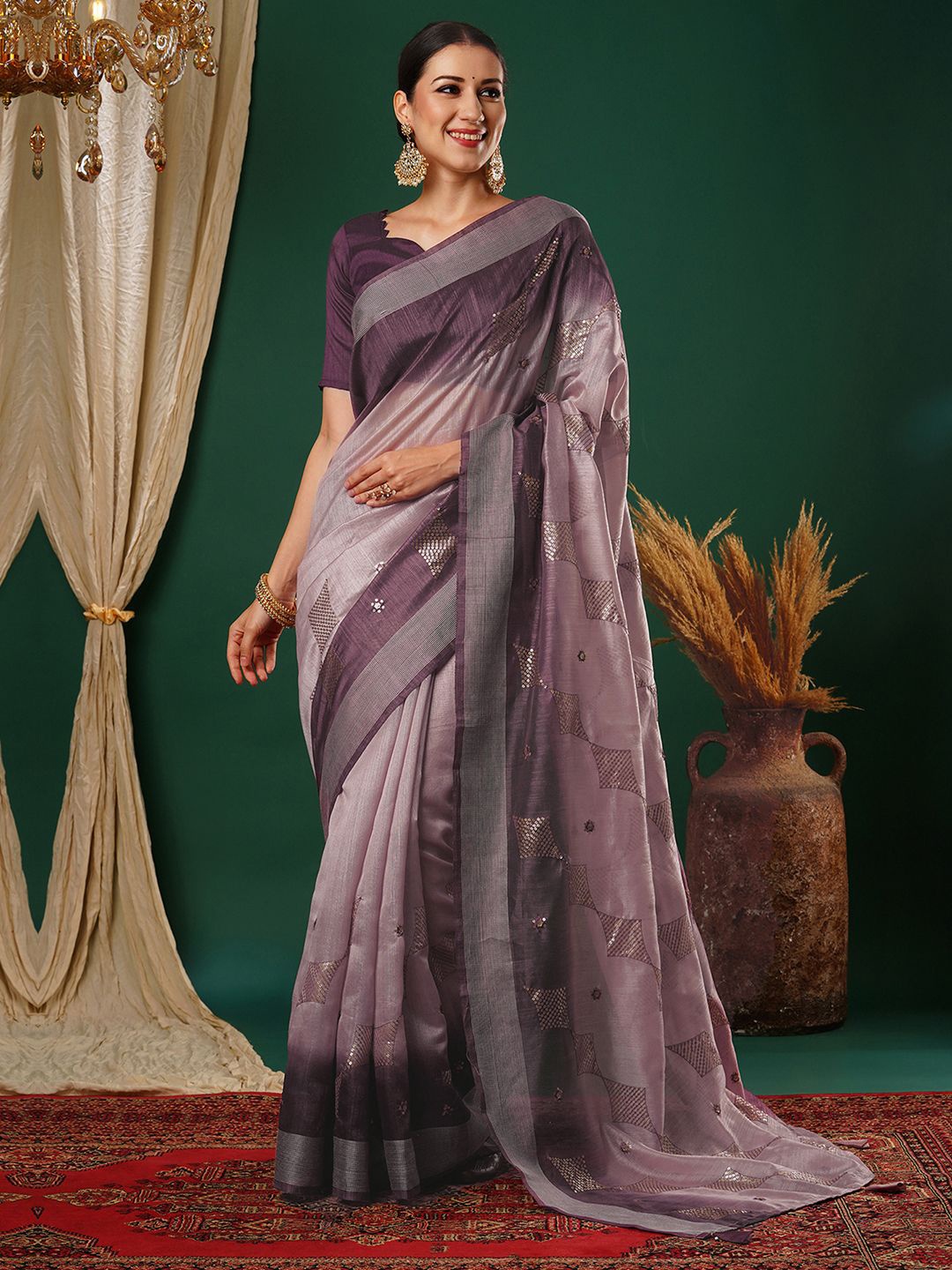 

Satrani Ombre Sequinned Pure Silk Saree, Purple