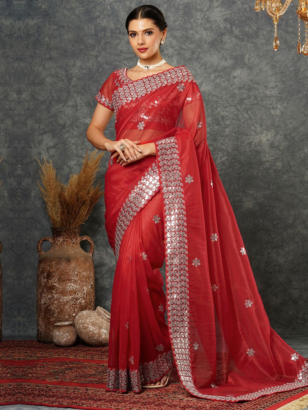 

Satrani Embellished Sequinned Net Saree, Rust