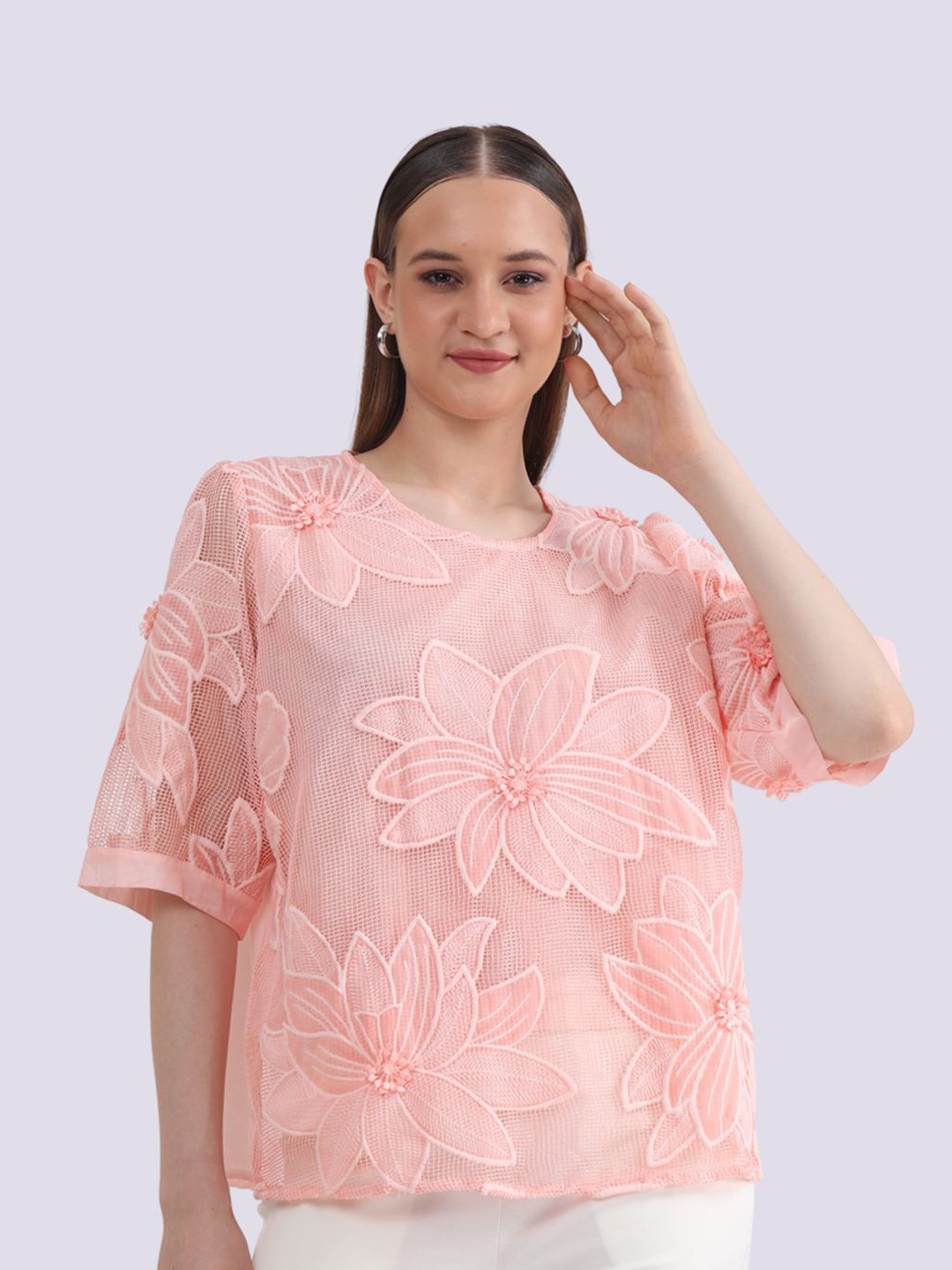 

Albion By CnM Women Floral Printed Round Neck Top, Peach